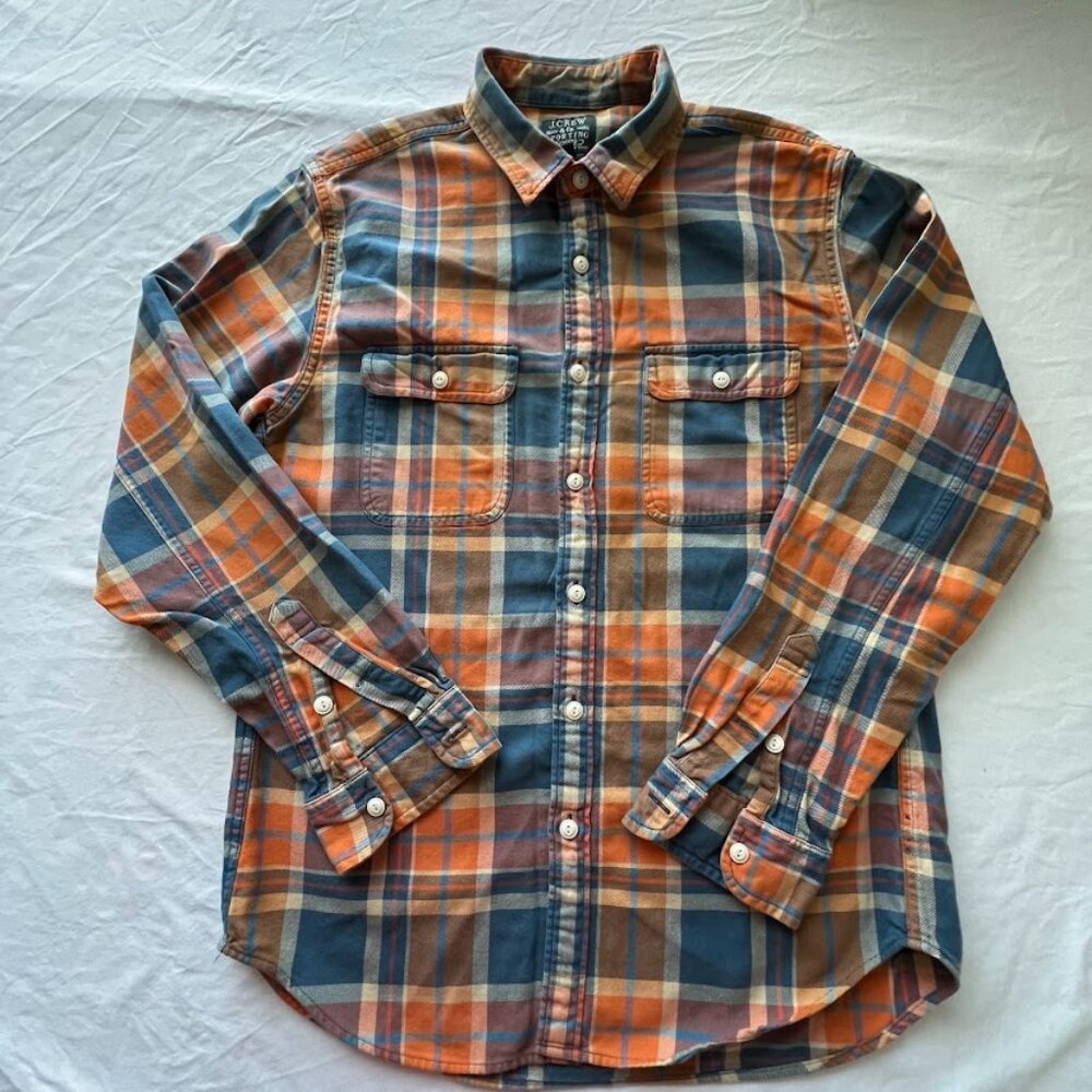 Shirt Men J.CREW Orange Blue Plaid Button Up Flannel Sporting Goods Work Cabin M